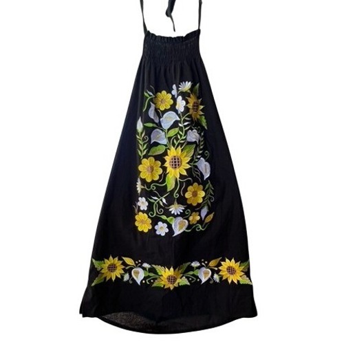 Casa Flores Imports Black Embroidered Sunflower Halter Dress Smocked Cotton L